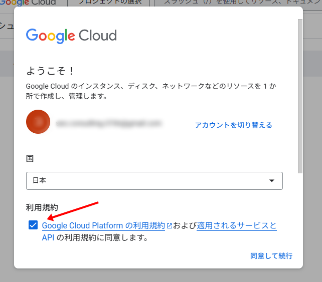 利用規約にチェックを入れて「同意して続行」をクリックする