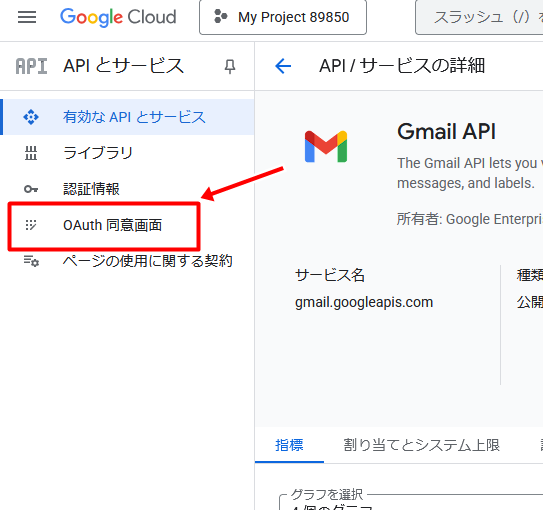 左側のメニューから「OAuth同意画面」をクリック